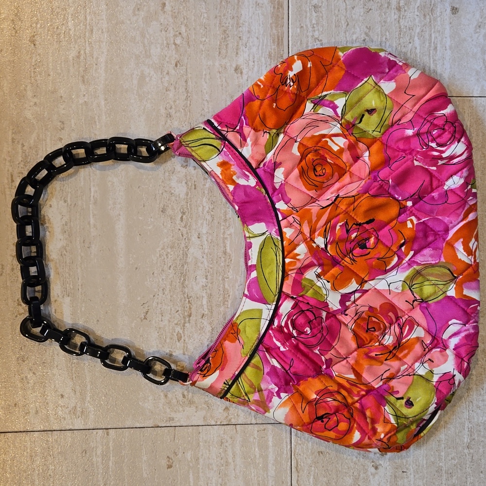 Very Bradley Pink Floral Silky Quilted Chainlink Strap Shoulder Bag